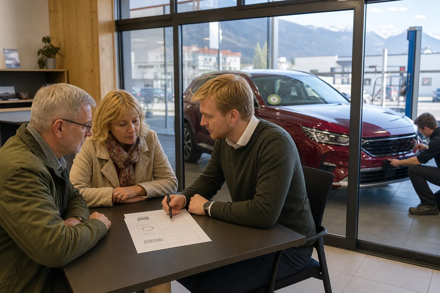 Buyers discuss a car’s paperwork with an adviser in a showroom.