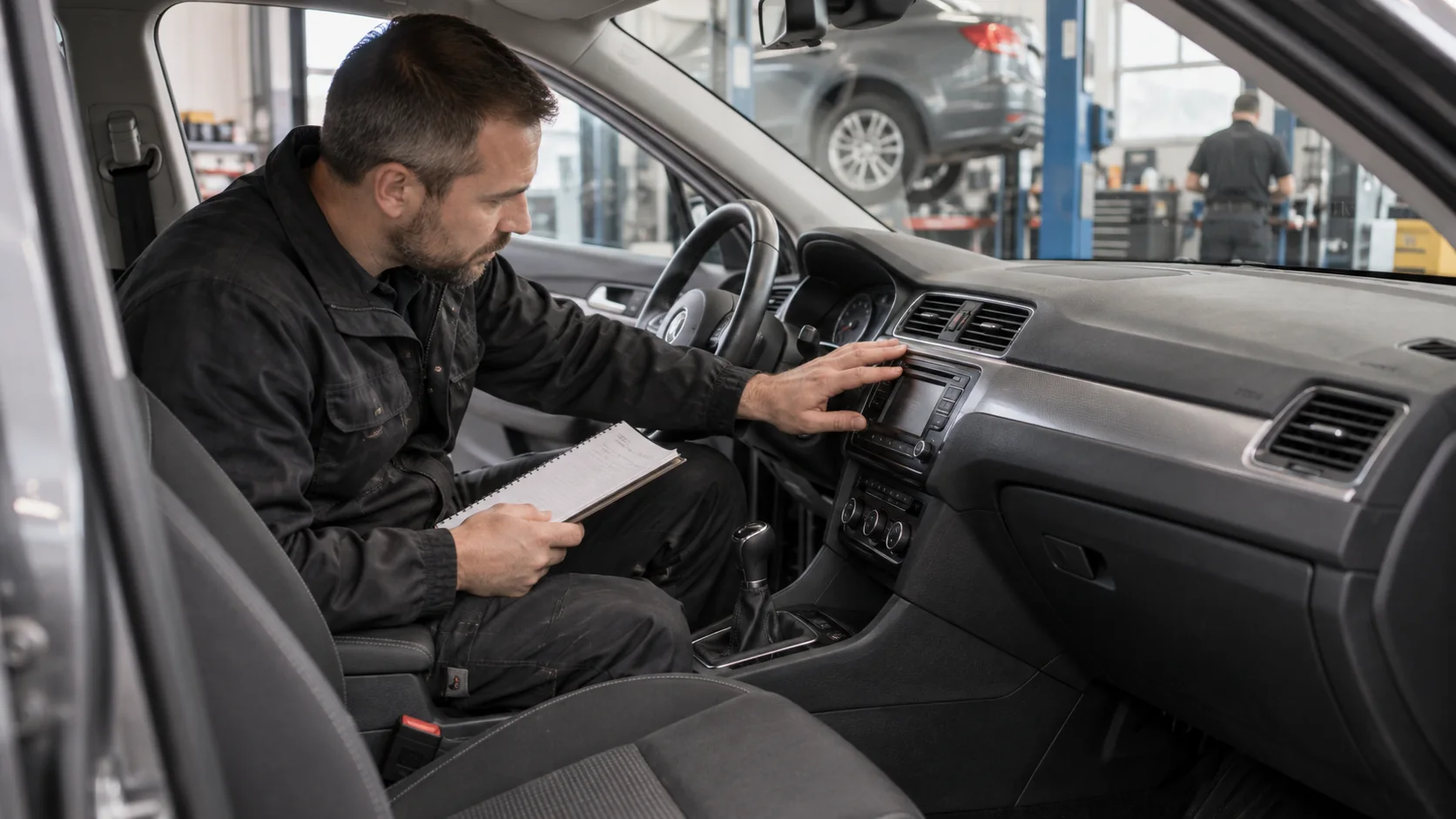 An inspector checks a car’s dashboard and records information on a clipboard.