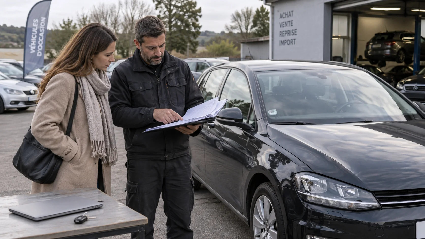 A buyer and an inspector compare paperwork beside a used car.