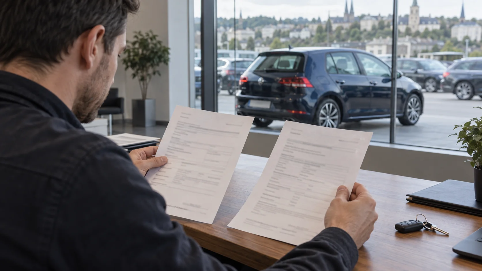 An inspector compares two documents at a desk, with cars in the background.