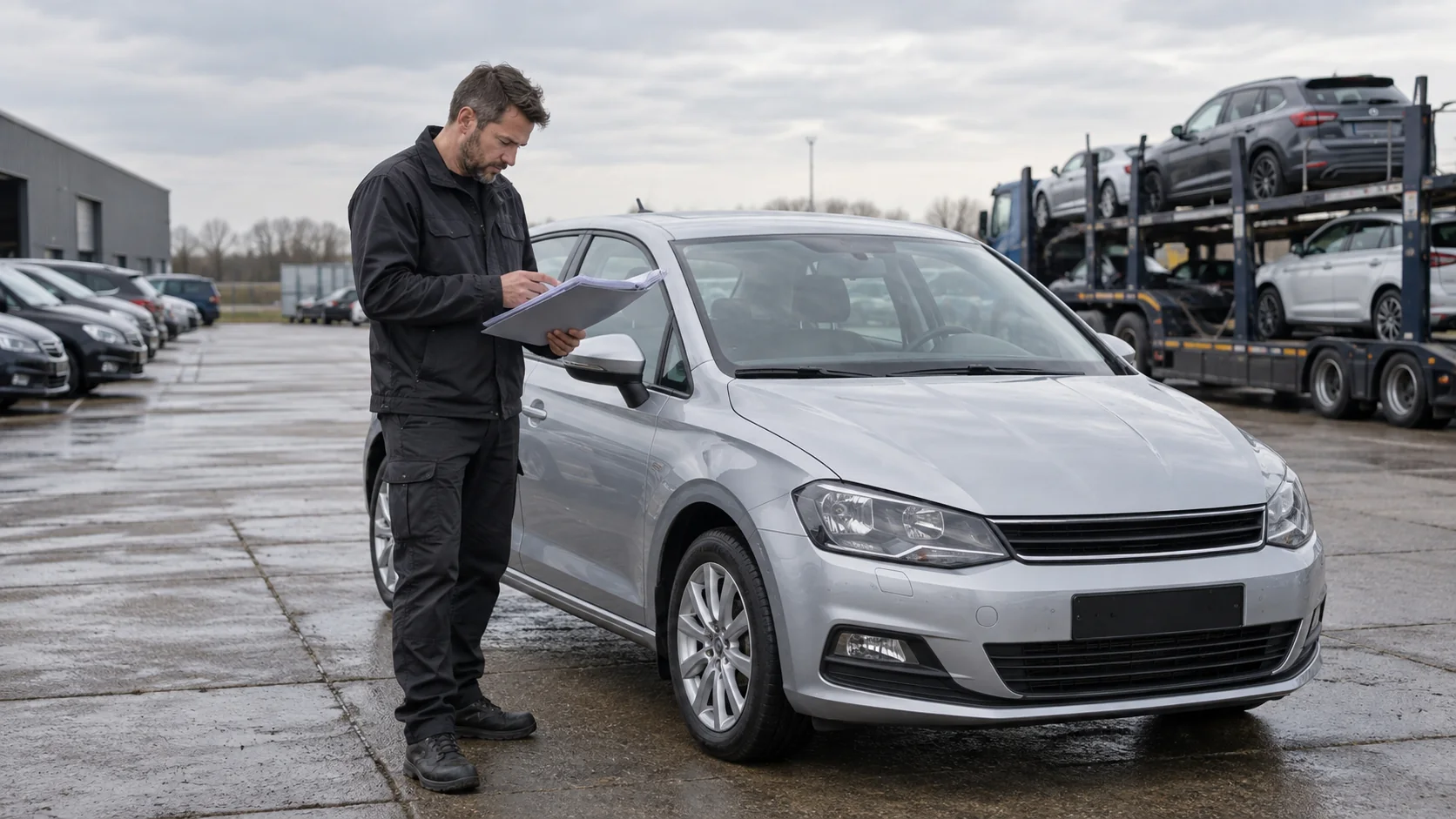 An inspector checks paperwork beside a car, with a vehicle transporter in the background.