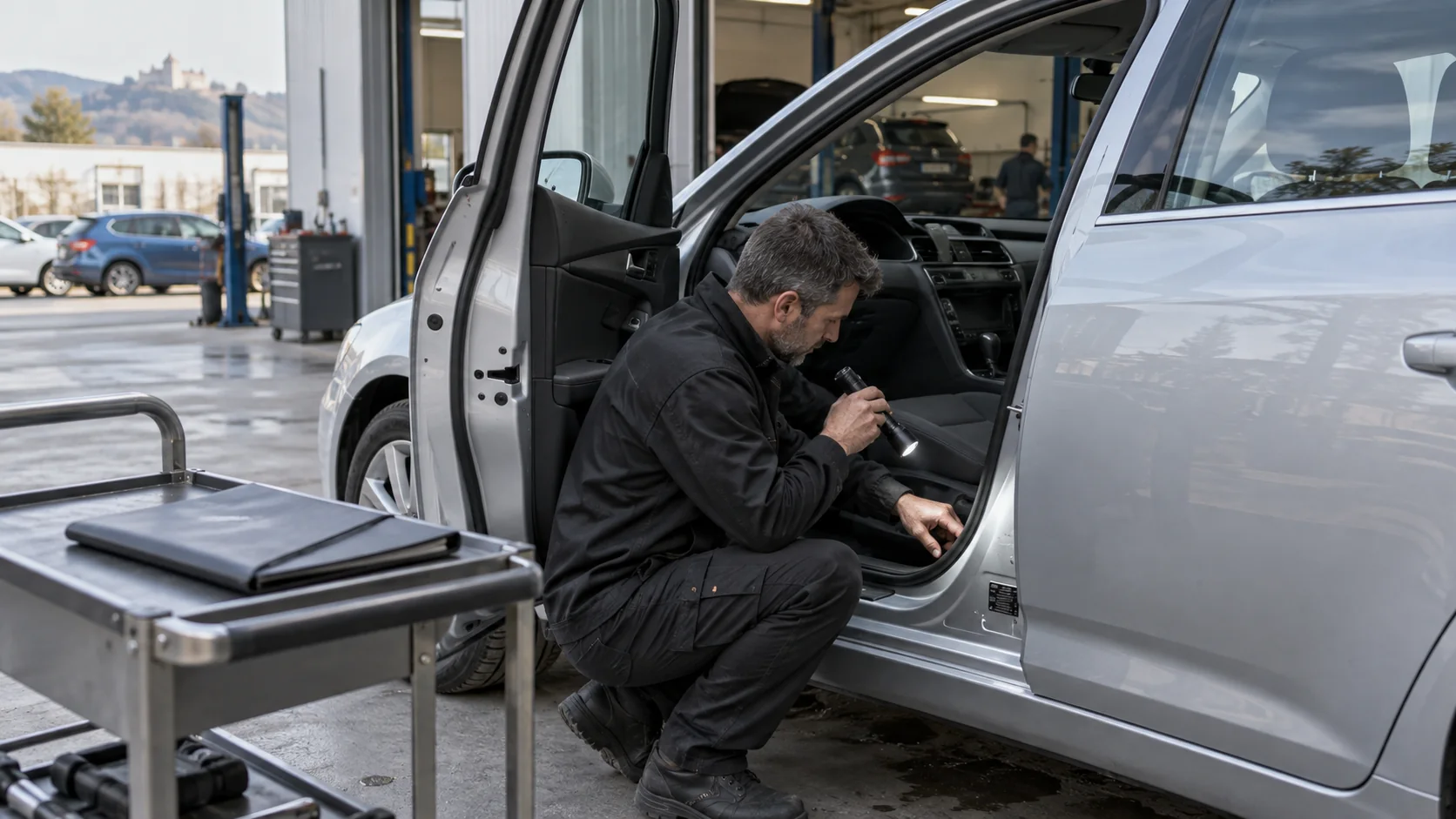 An inspector examines a car’s sill and identification area with a torch.