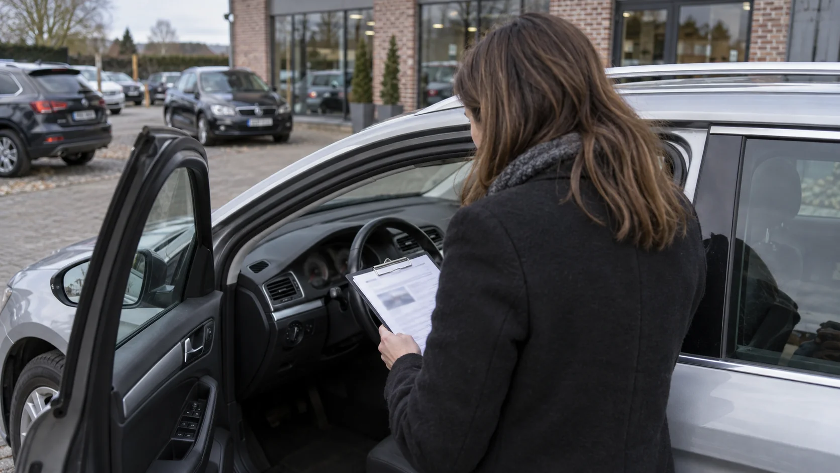 An inspector reviews paperwork on a clipboard beside a car’s open door.