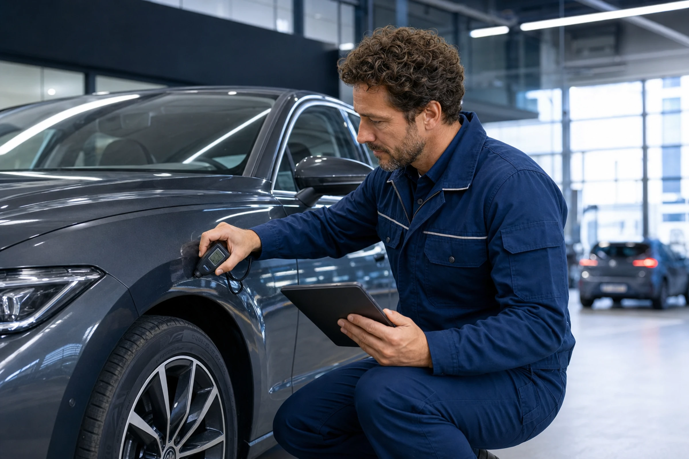 A certified CarAudit technician during a vehicle inspection